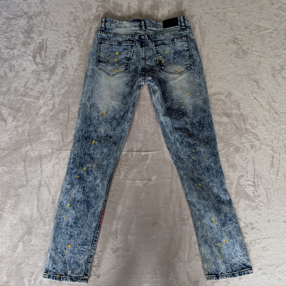 Womens Distressed Moto Skinny Jeans Streetwear Grunge Graffiti Acid Wash Sz 30 - Picture 11 of 13